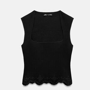 Zara Black Sleeveless Knit Top with Scalloped Eyelet Hem